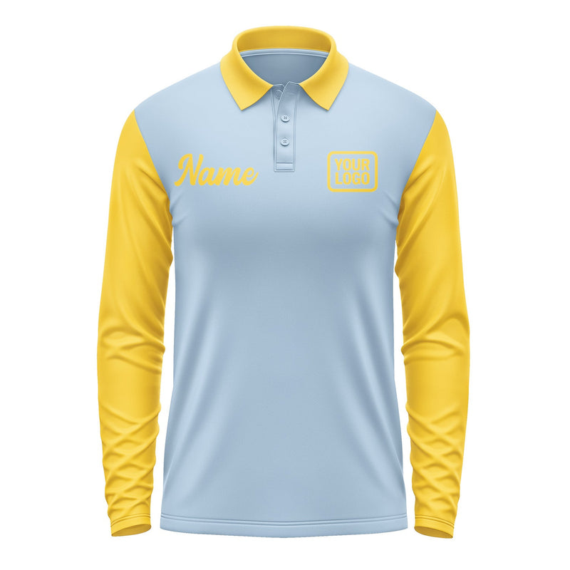 Custom Light Blue Gold Long Sleeve Polo Shirt Pl083030B130