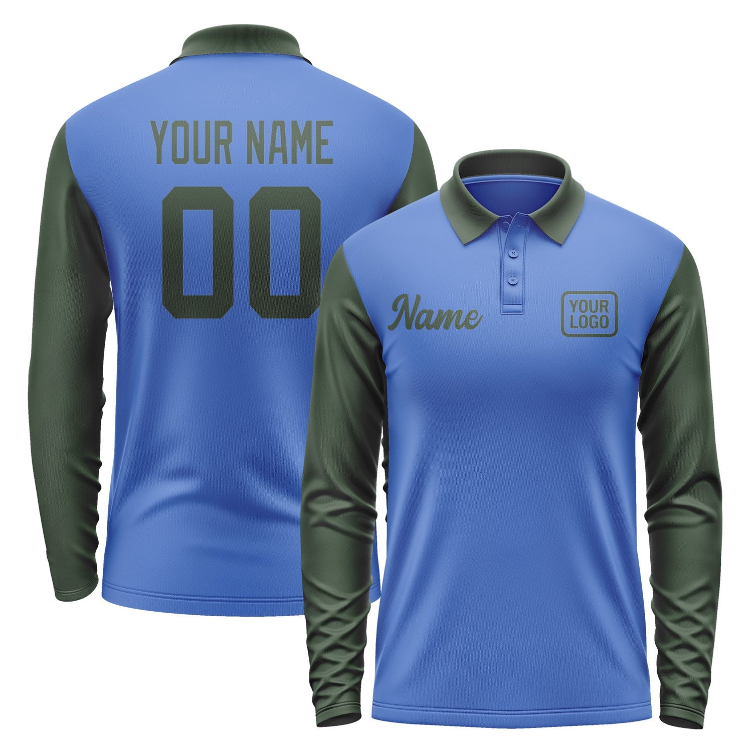 Custom Sky Blue Dark Green Long Sleeve Polo Shirt Pl090606B106