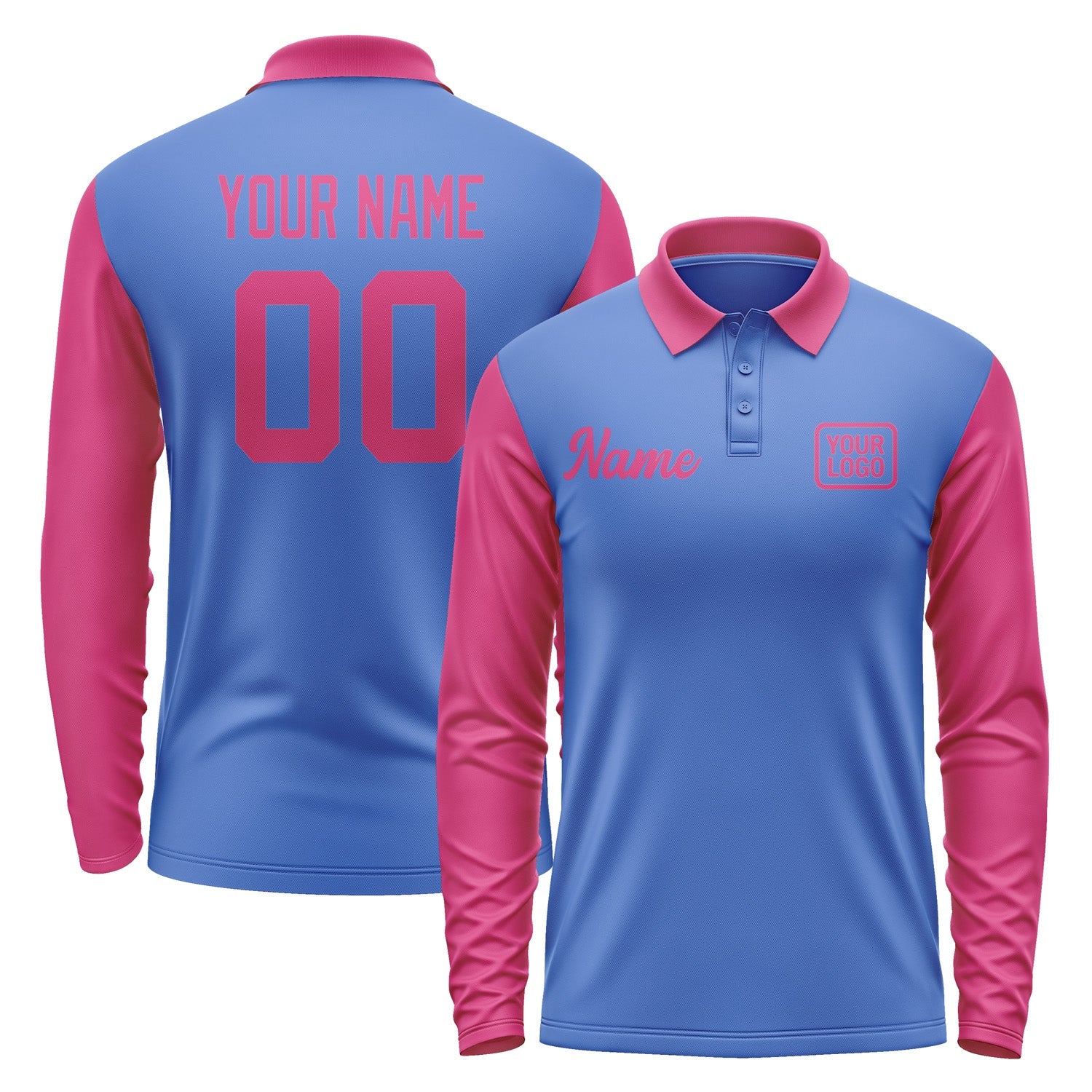 Custom Sky Blue Pink Long Sleeve Polo Shirt Pl091313B113