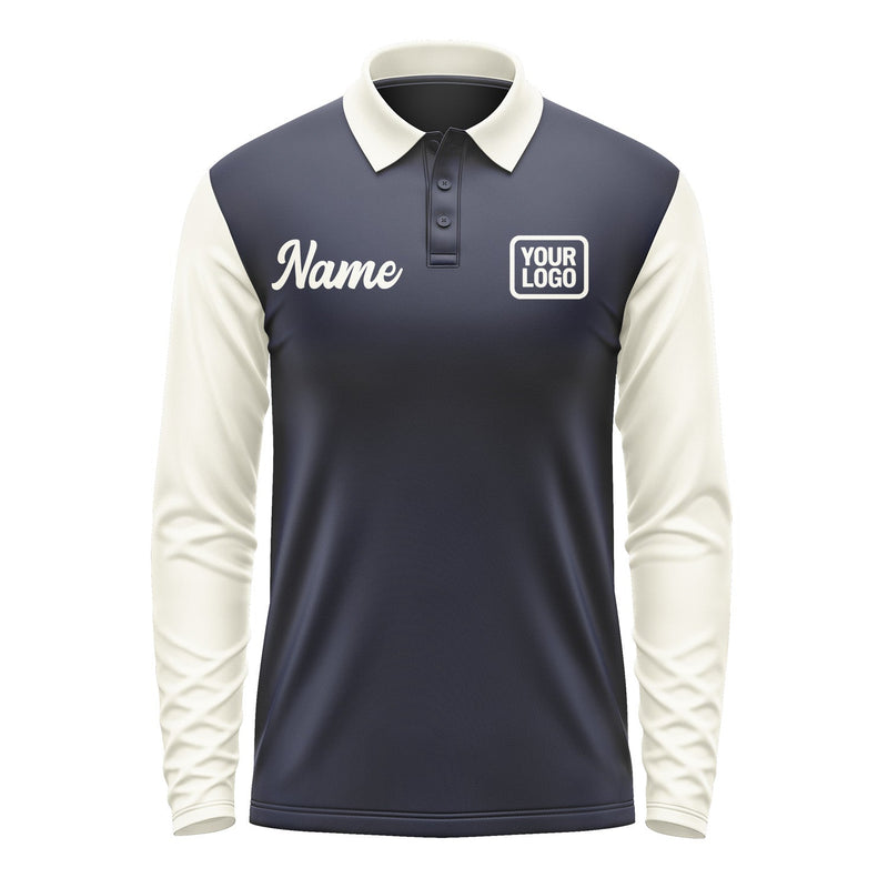 Custom Navy Cream Long Sleeve Polo Shirt Pl110303B103