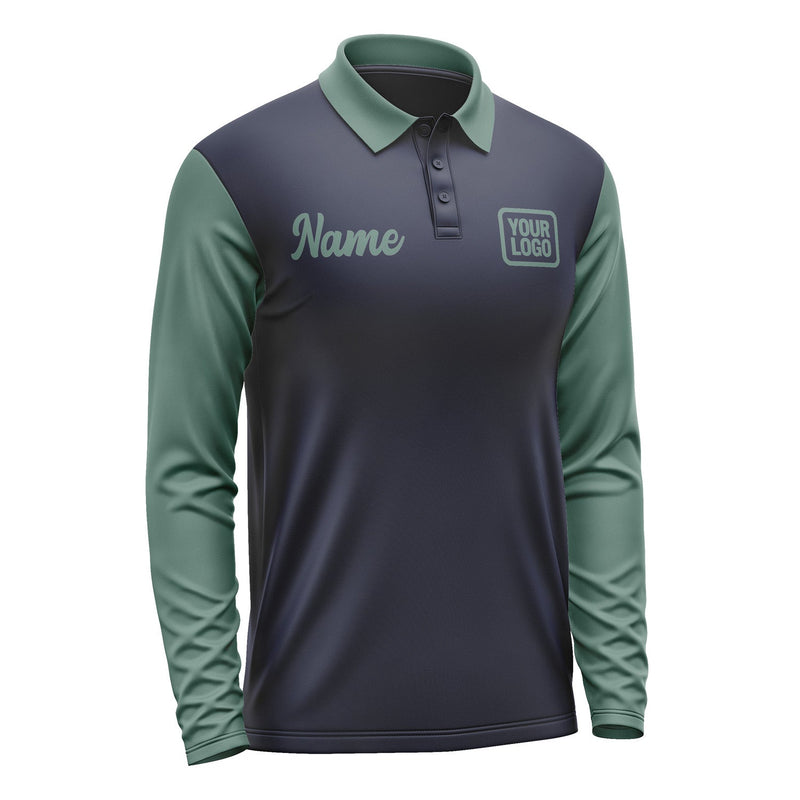 Custom Navy Blue Green Long Sleeve Polo Shirt Pl112727B127