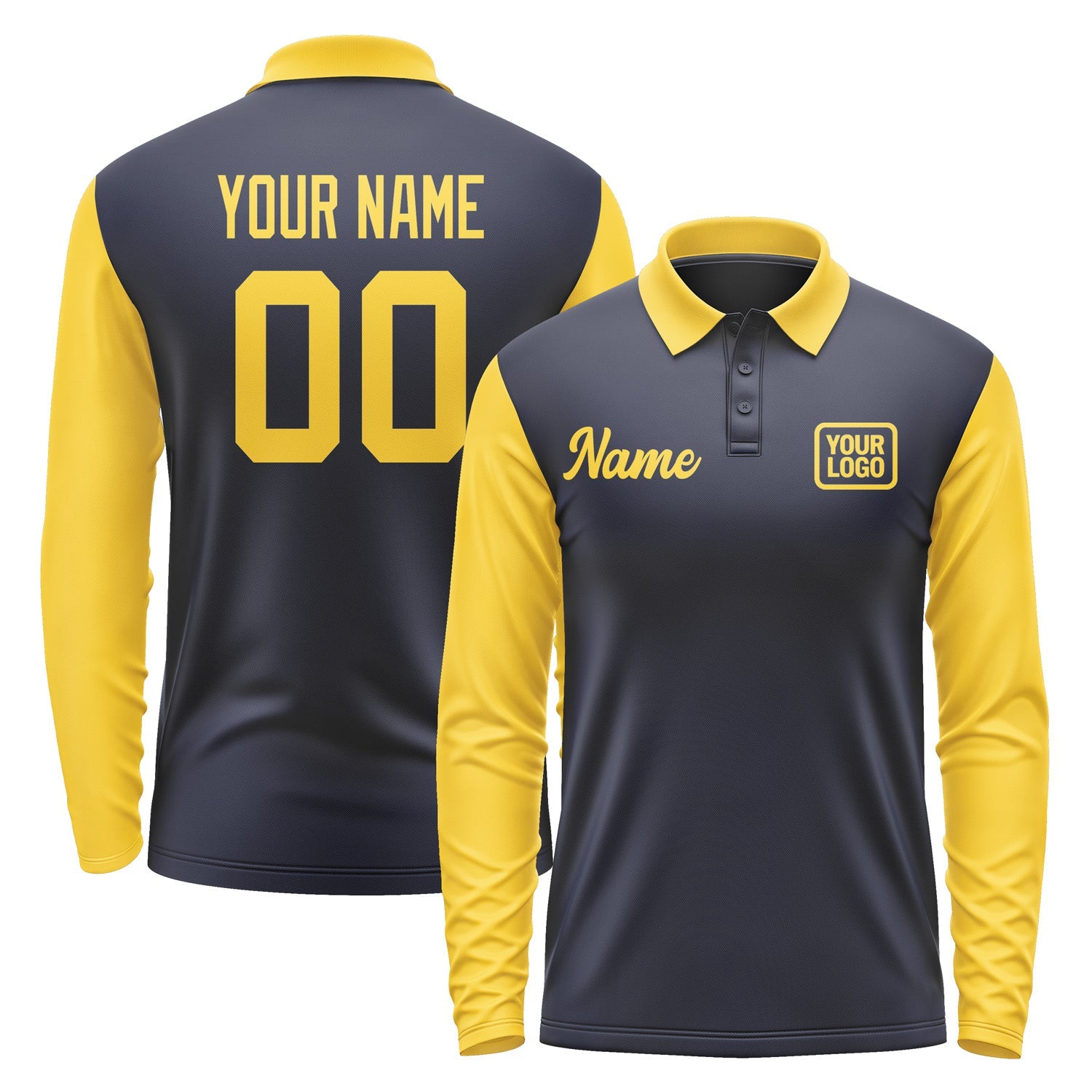 Custom Navy Gold Long Sleeve Polo Shirt Pl113030B130