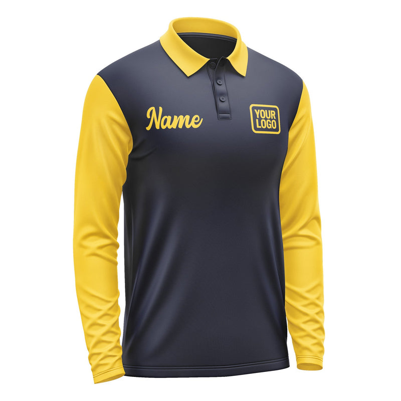Custom Navy Gold Long Sleeve Polo Shirt Pl113030B130