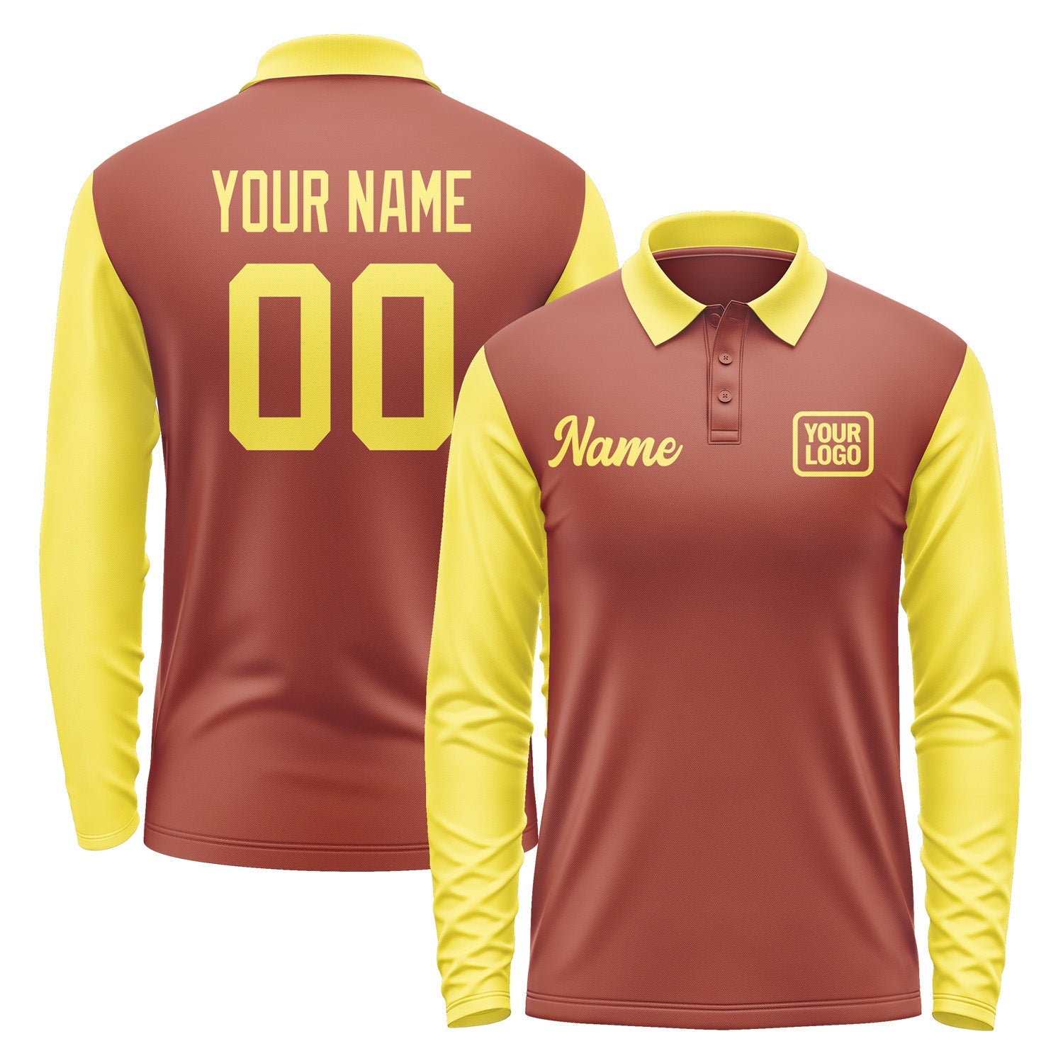 Custom Coral Red Light Yellow Long Sleeve Polo Shirt Pl162626B126