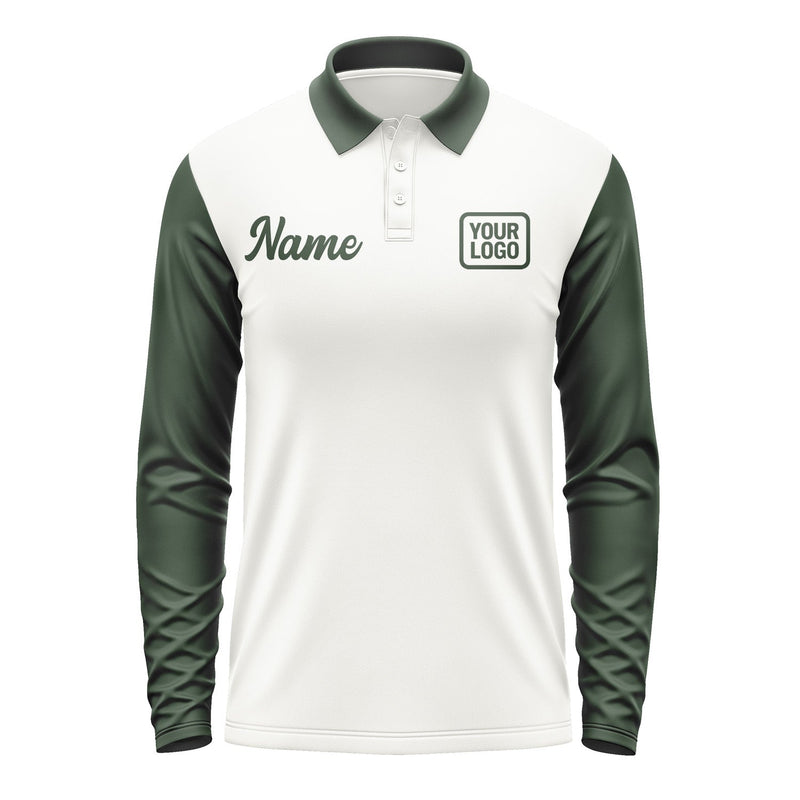 Custom White Dark Green Long Sleeve Polo Shirt Pl180606B106