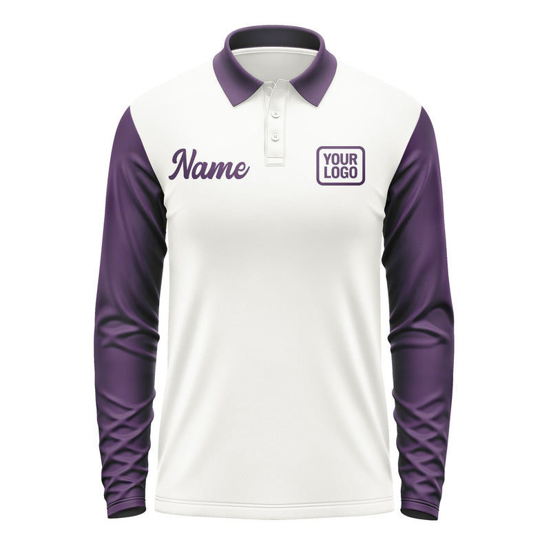 Custom White Purple Long Sleeve Polo Shirt Pl180707B107