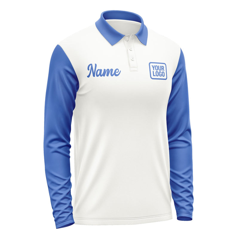 Custom White Sky Blue Long Sleeve Polo Shirt Pl180909B109
