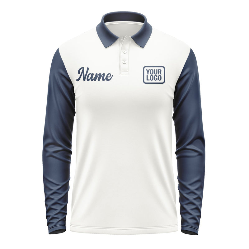 Custom White Blue Long Sleeve Polo Shirt Pl181010B110