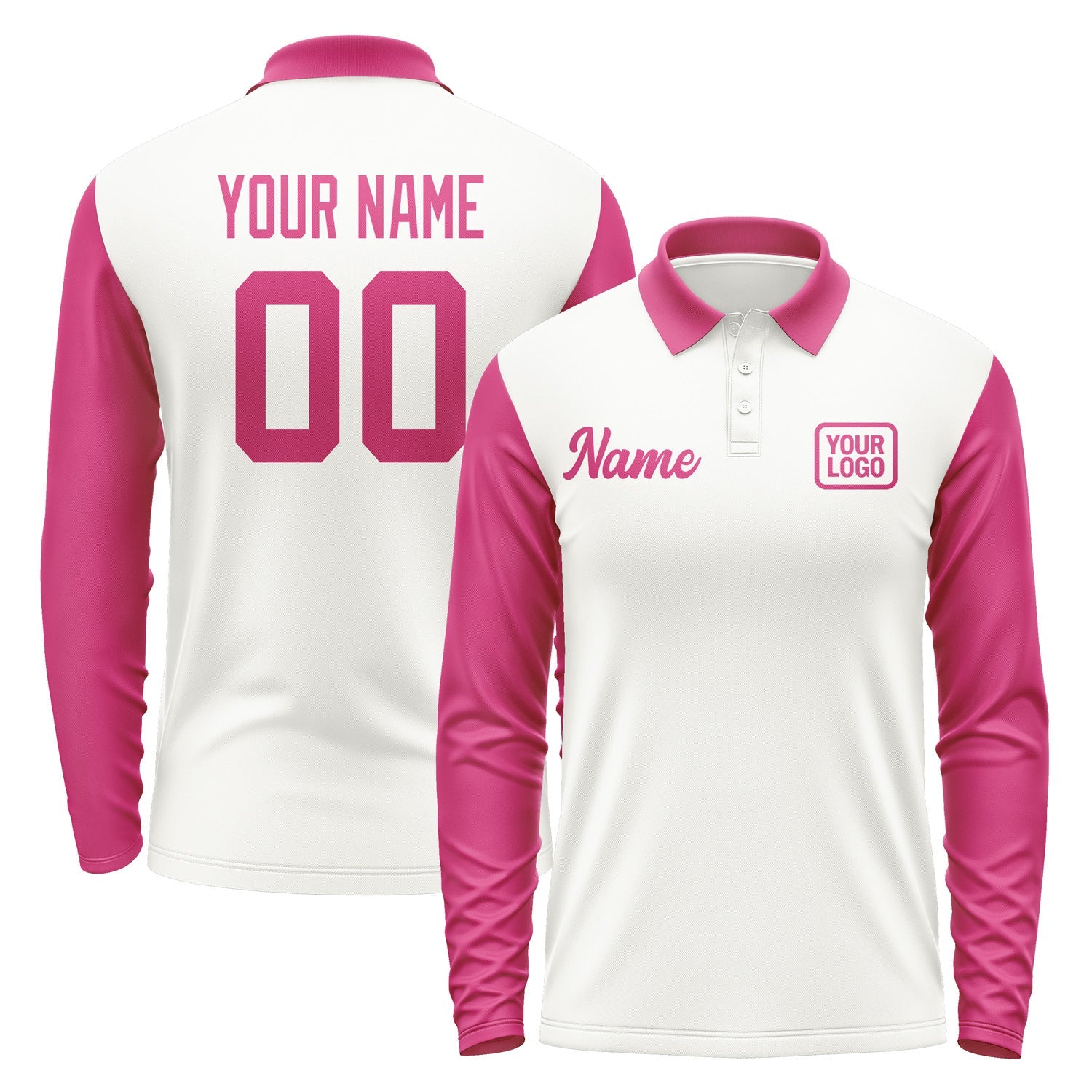 Custom White Pink Long Sleeve Polo Shirt Pl181313B113