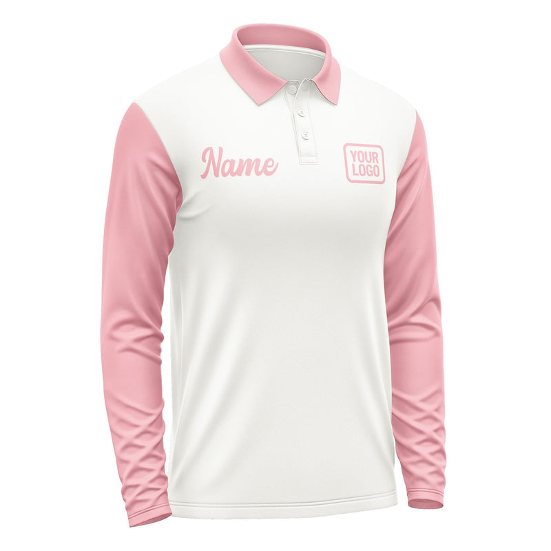 Custom White Light Pink Long Sleeve Polo Shirt Pl182121B121