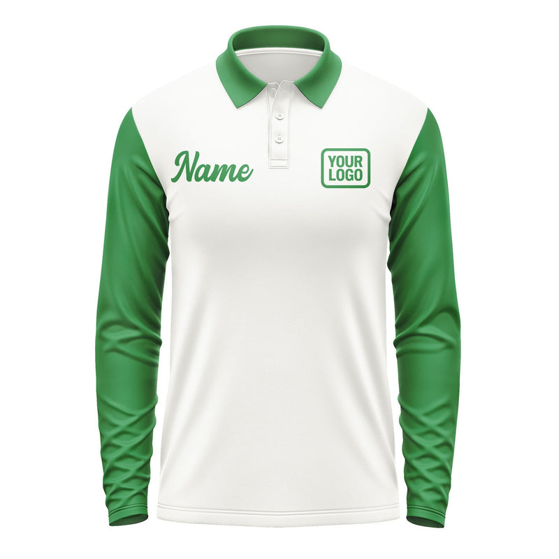 Custom White Emerald Green Long Sleeve Polo Shirt Pl182424B124