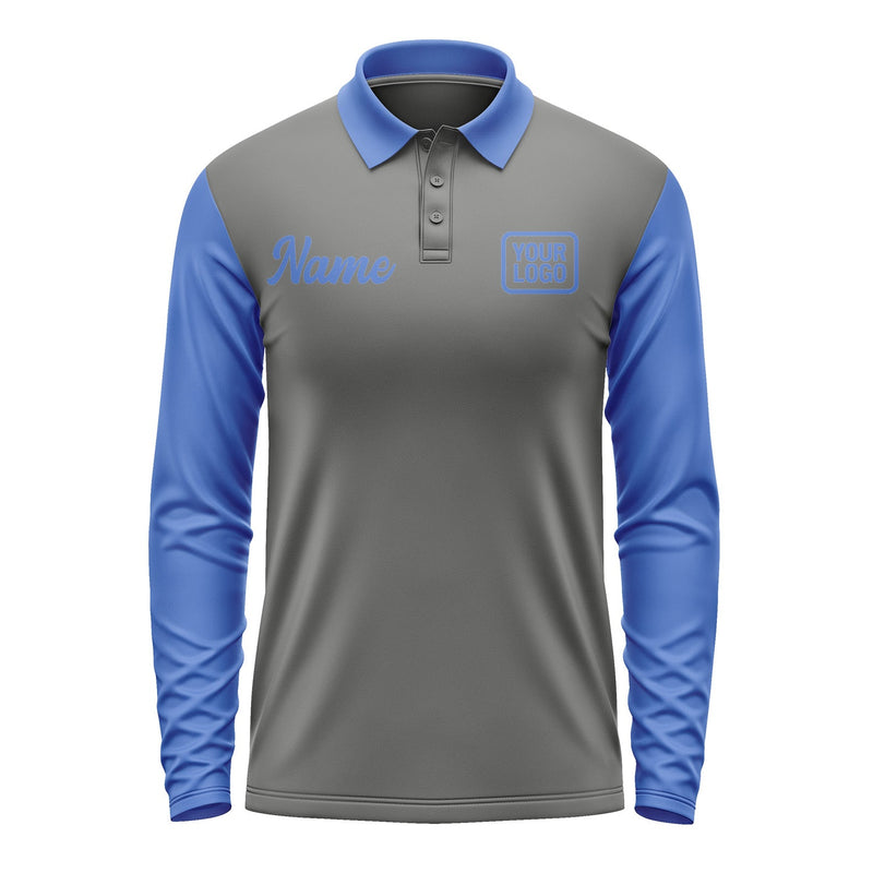 Custom Dark Grey Sky Blue Long Sleeve Polo Shirt Pl200909B109