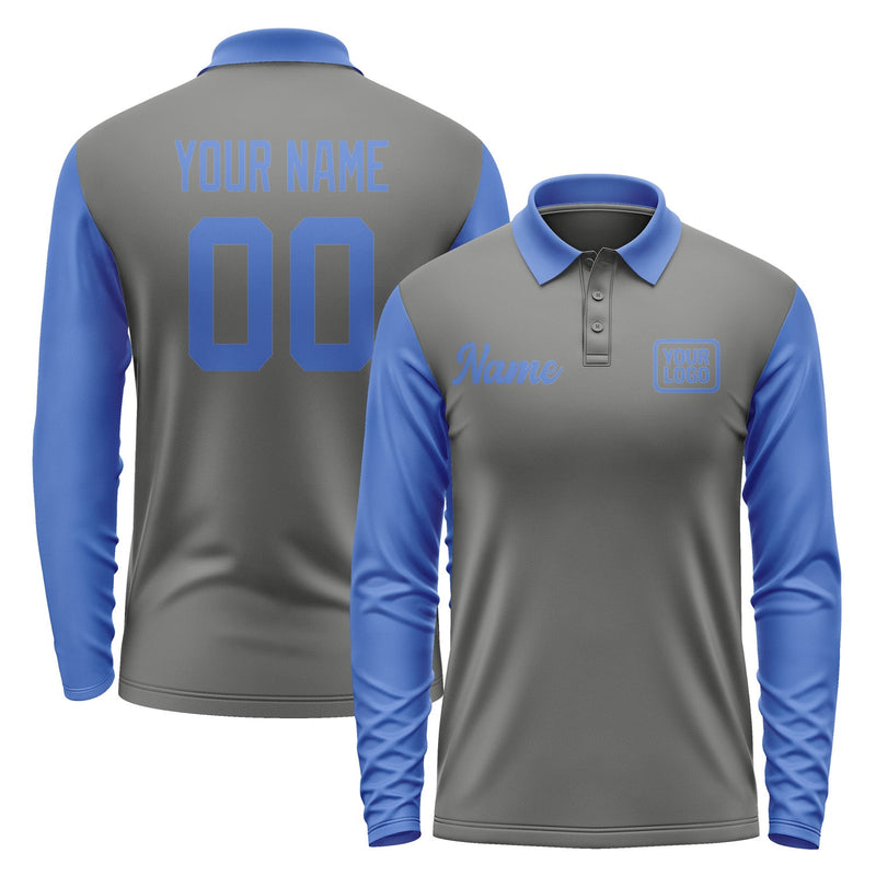 Custom Dark Grey Sky Blue Long Sleeve Polo Shirt Pl200909B109