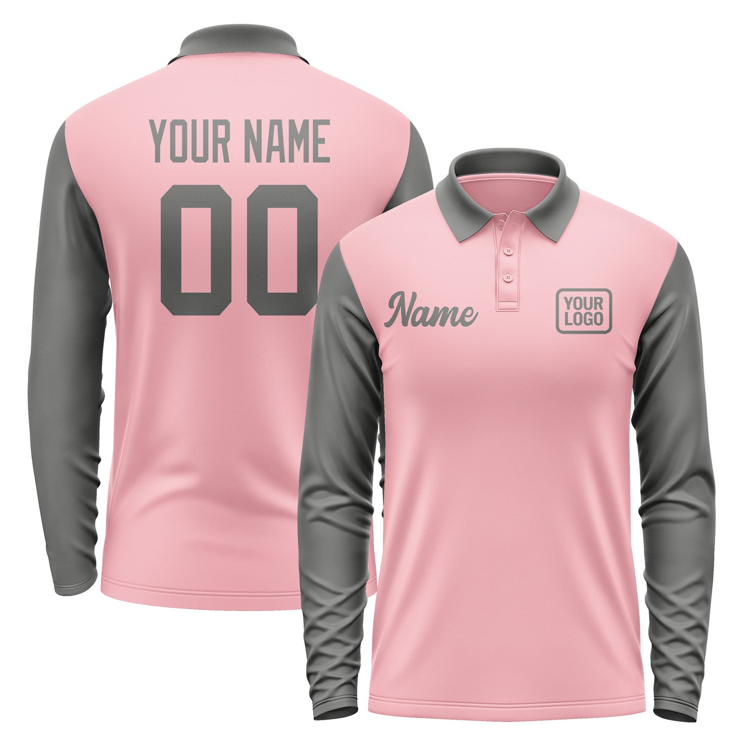 Custom Light Pink Dark Grey Long Sleeve Polo Shirt Pl212020B120