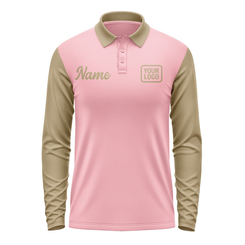 Custom Light Pink Light Khaki Long Sleeve Polo Shirt Pl212525B125