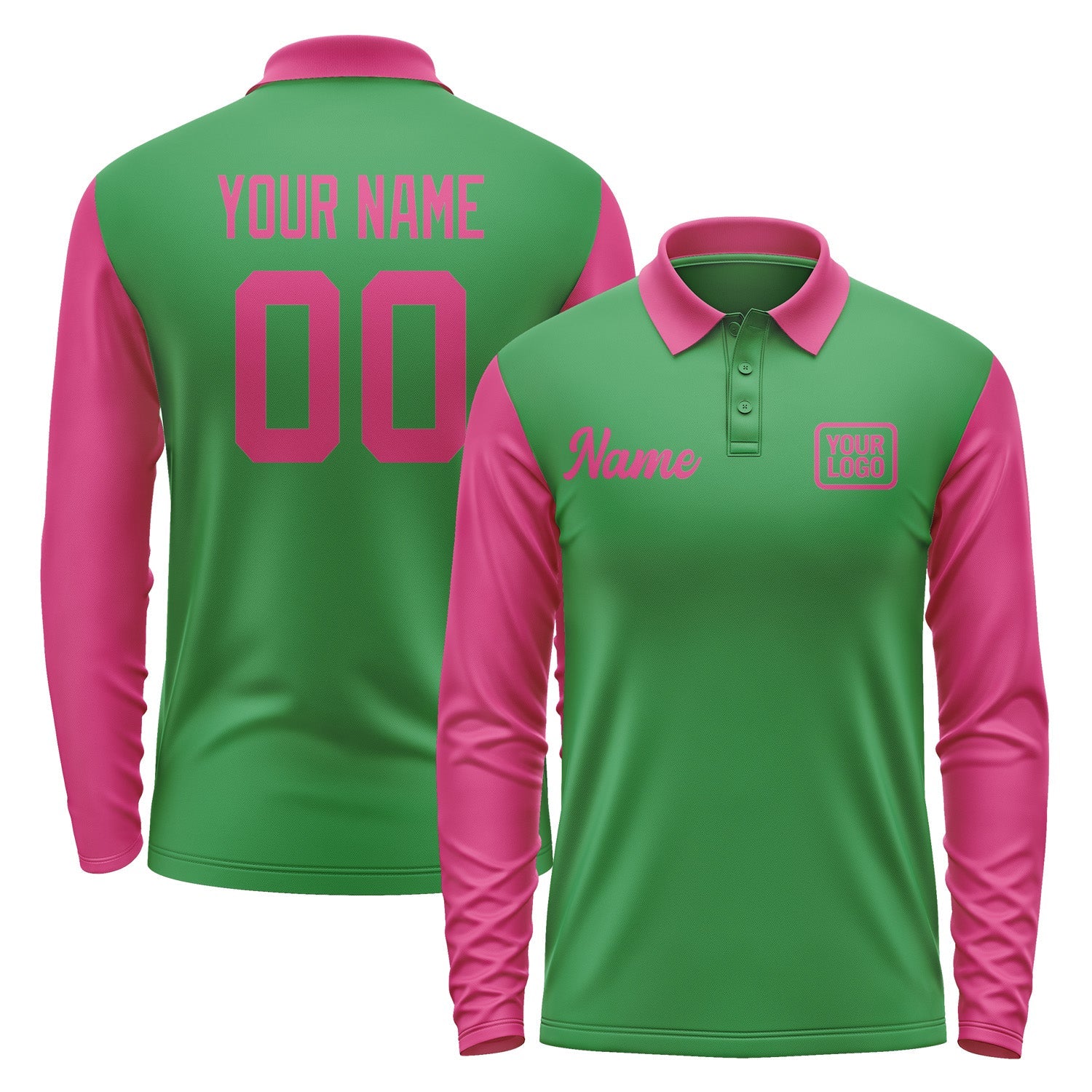 Custom Emerald Green Pink Long Sleeve Polo Shirt Pl241313B113