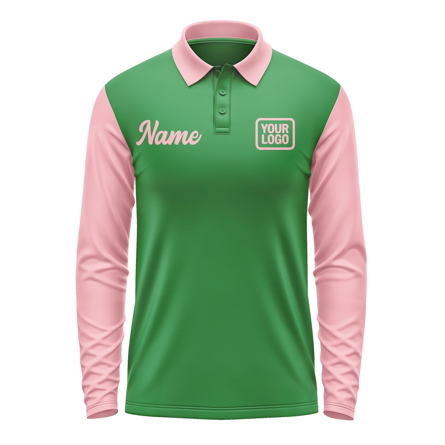 Custom Emerald Green Light Pink Long Sleeve Polo Shirt Pl242121B121