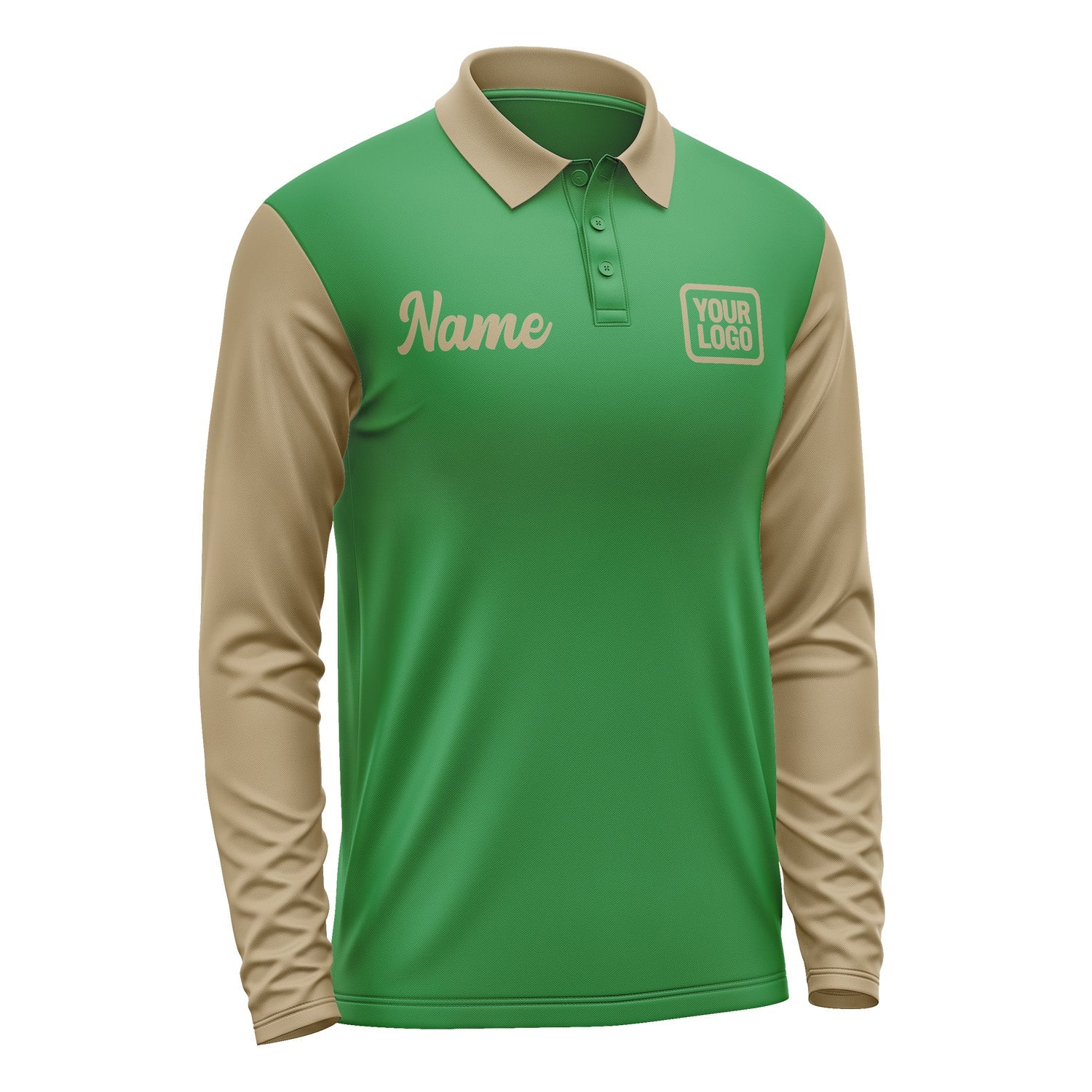 Custom Emerald Green Light Khaki Long Sleeve Polo Shirt Pl242525B125