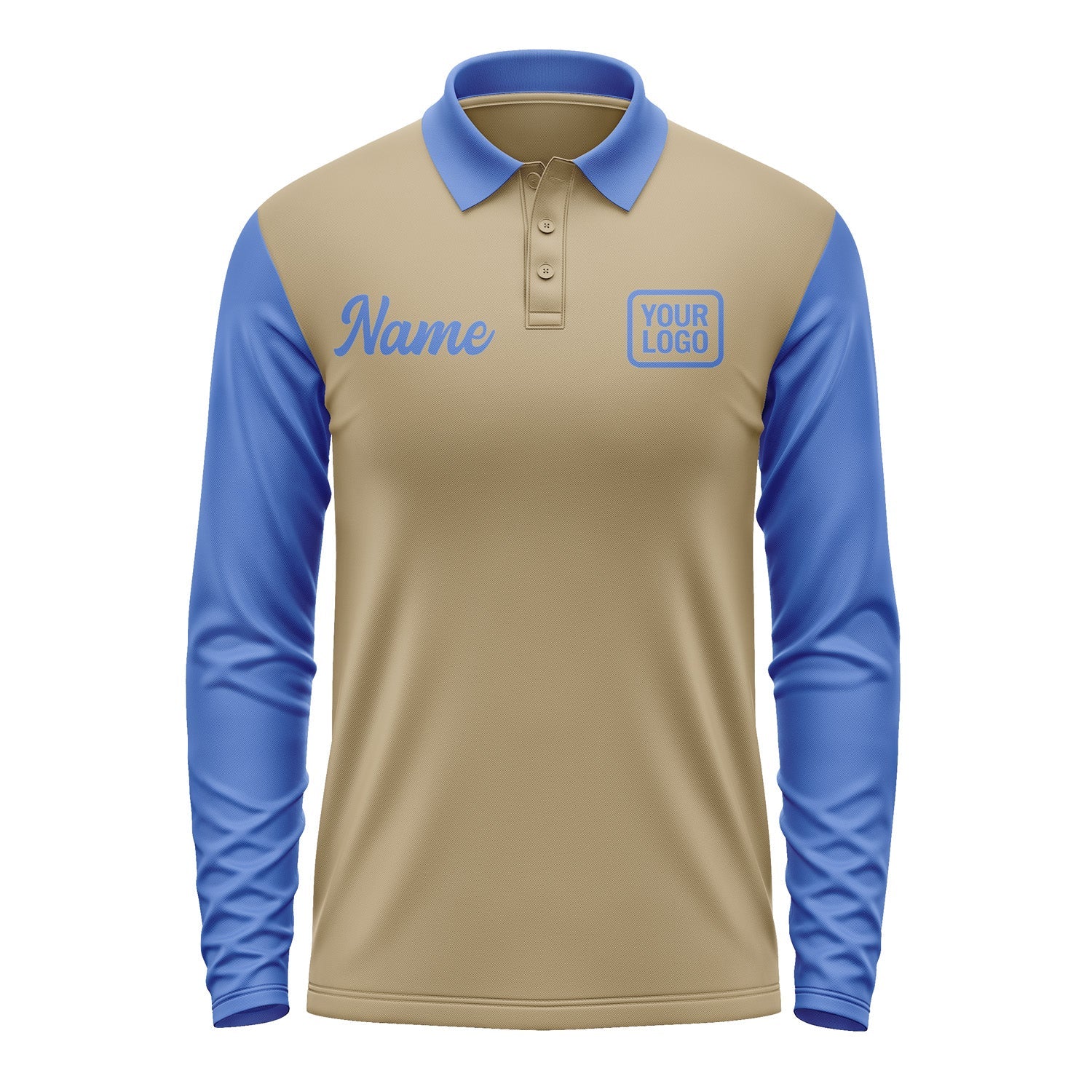 Custom Light Khaki Sky Blue Long Sleeve Polo Shirt Pl250909B109