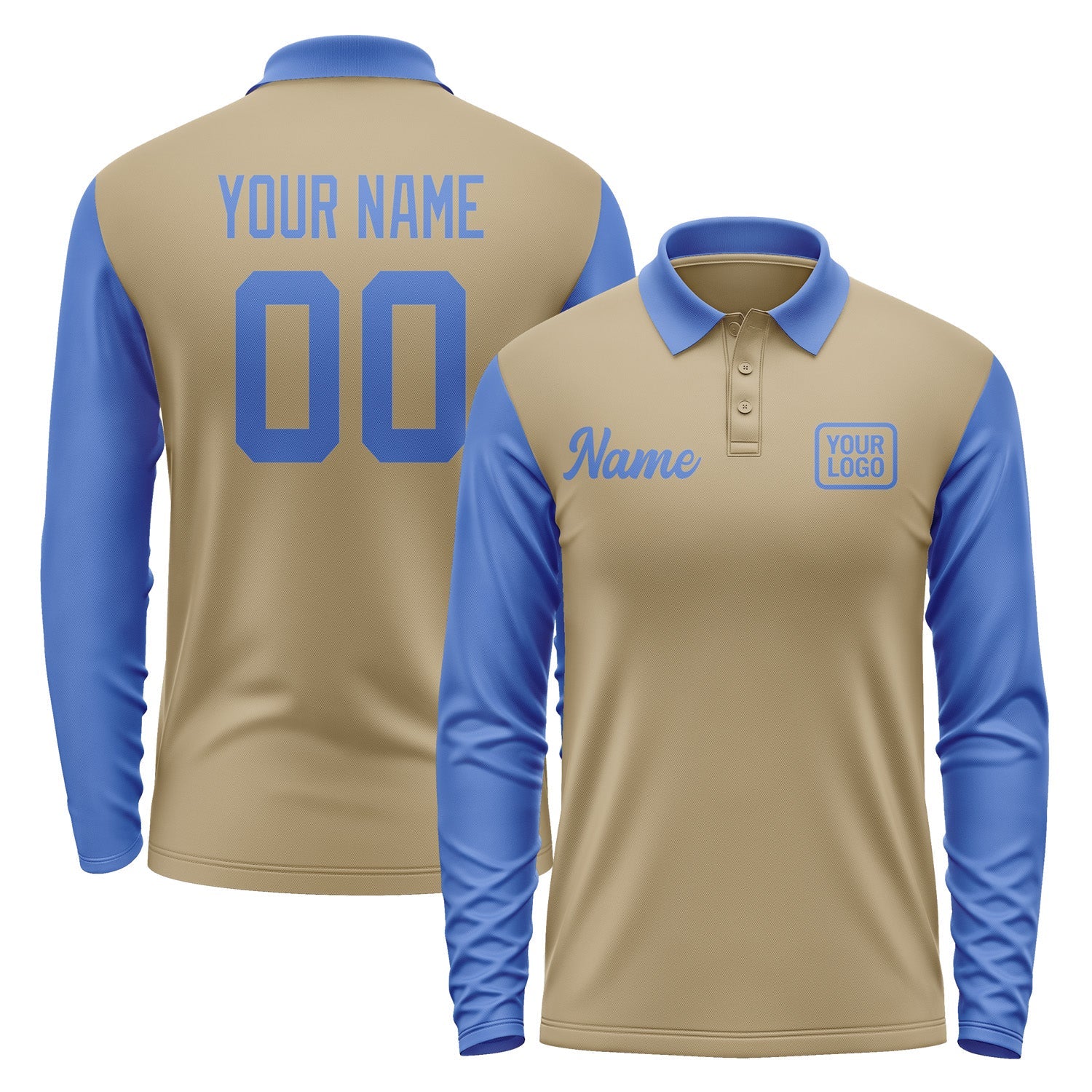 Custom Light Khaki Sky Blue Long Sleeve Polo Shirt Pl250909B109