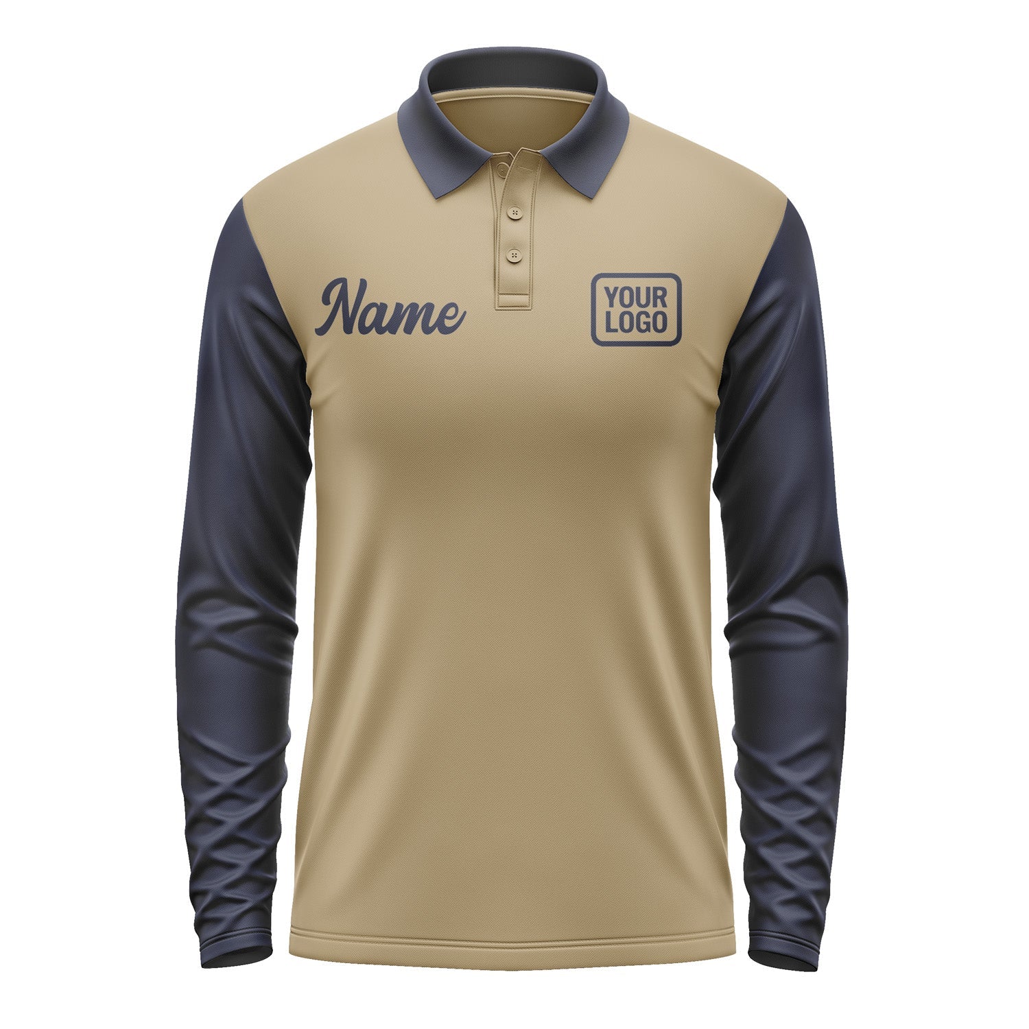 Custom Light Khaki Navy Long Sleeve Polo Shirt Pl251111B111