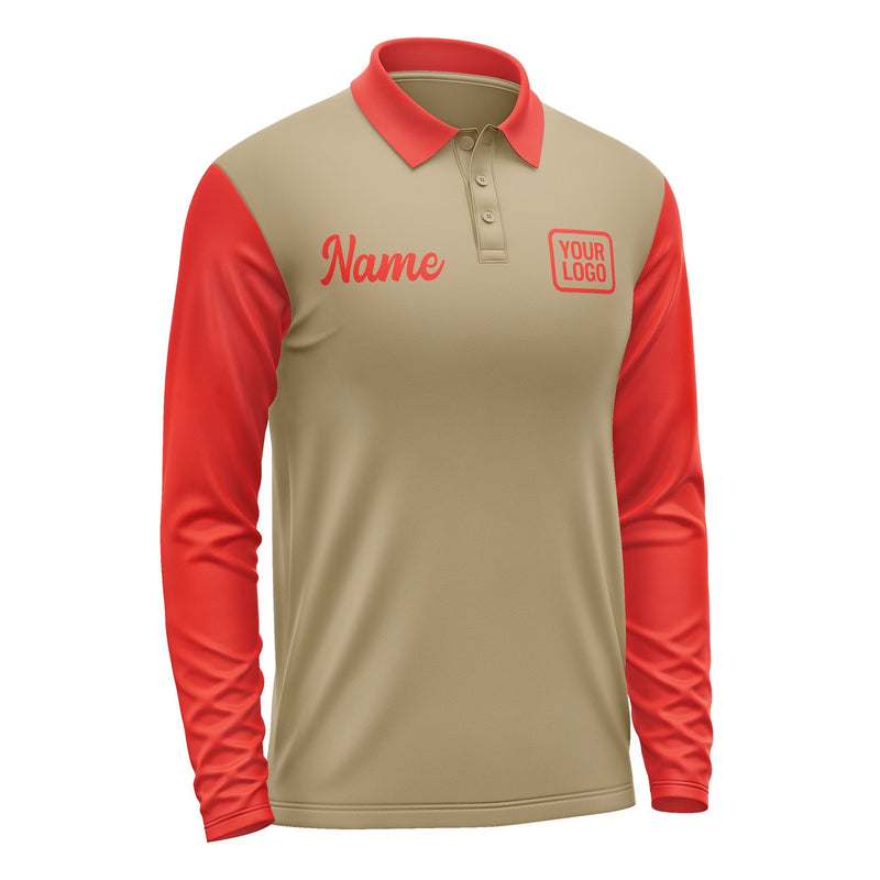 Custom Light Khaki Orange Red Long Sleeve Polo Shirt Pl251212B112