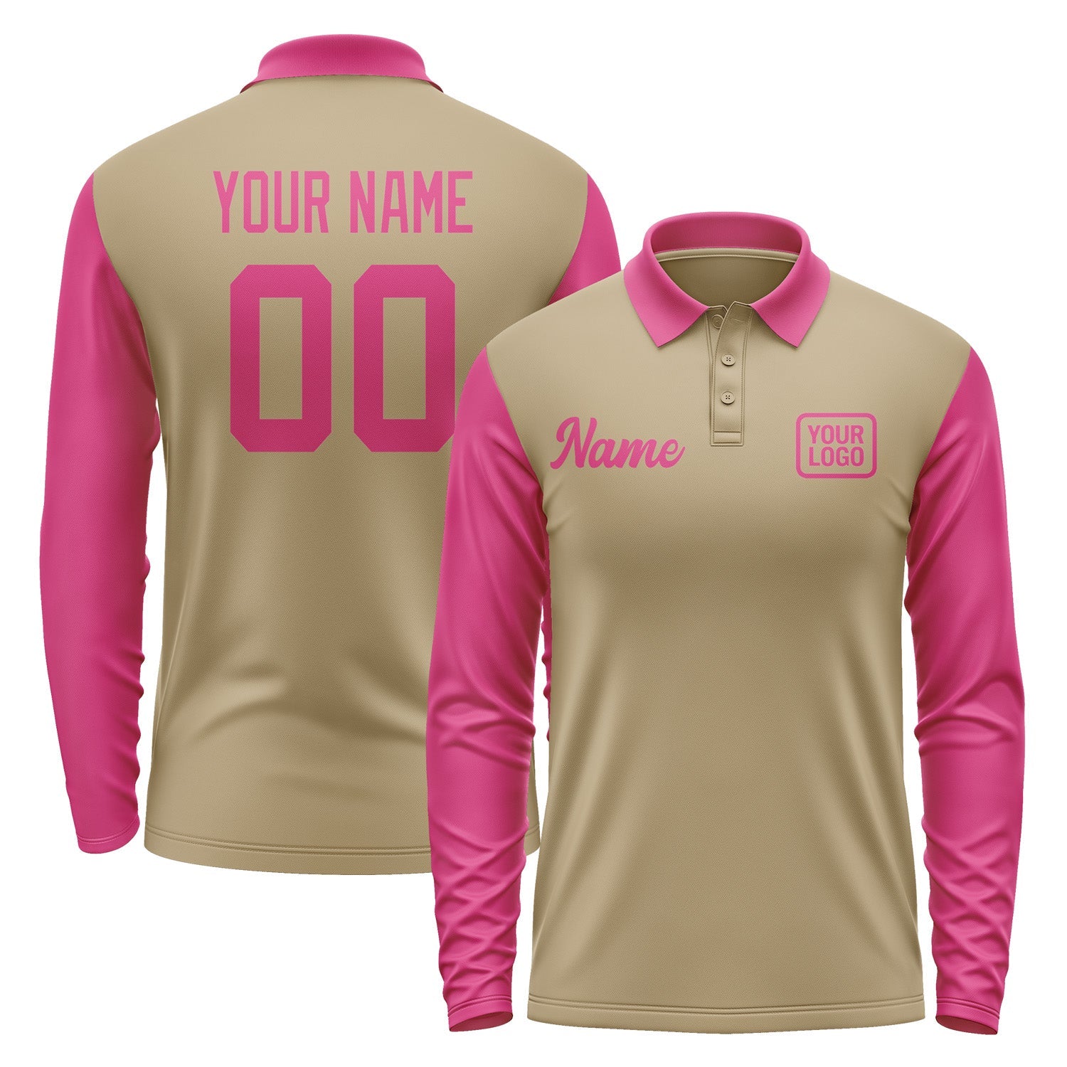 Custom Light Khaki Pink Long Sleeve Polo Shirt Pl251313B113