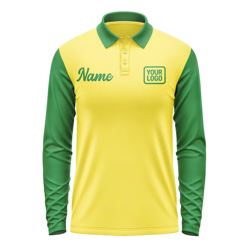 Custom Light Yellow Emerald Green Long Sleeve Polo Shirt Pl262424B124