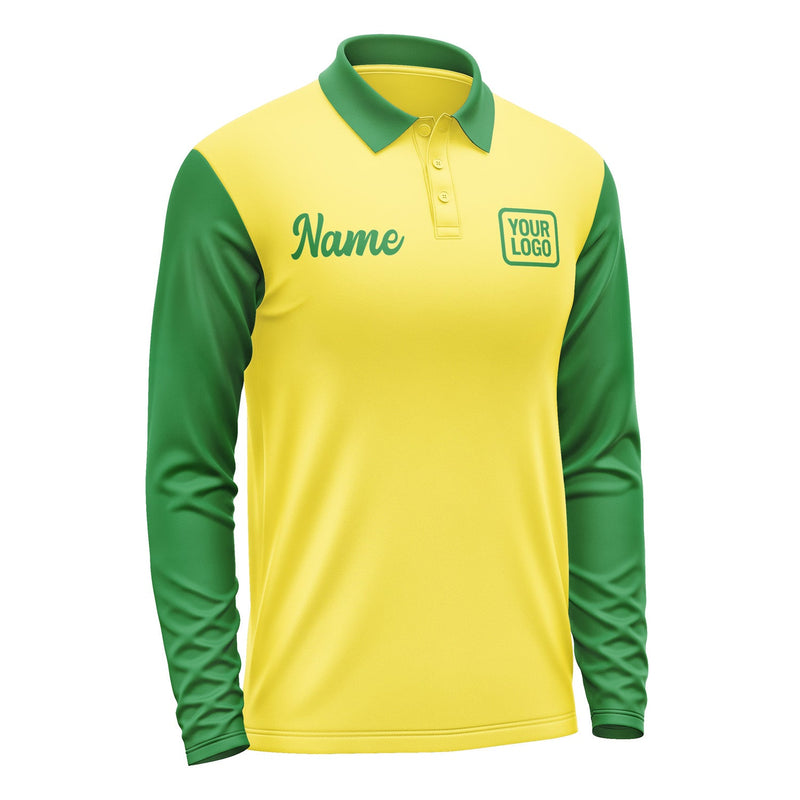 Custom Light Yellow Emerald Green Long Sleeve Polo Shirt Pl262424B124