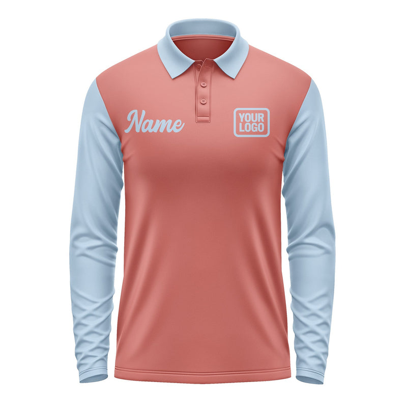 Custom Copper Rose Light Blue Long Sleeve Polo Shirt Pl290808B108